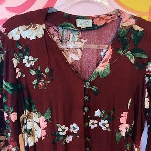 Maroon floral midi dress, 3/4 sleeves